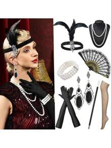 8 件 1920 年代 Flyby Gatsby 配饰套装，时尚咆哮的 1920 年代头饰，珍珠项链，手镯，耳环，手套，女士配饰万圣节装饰舞会