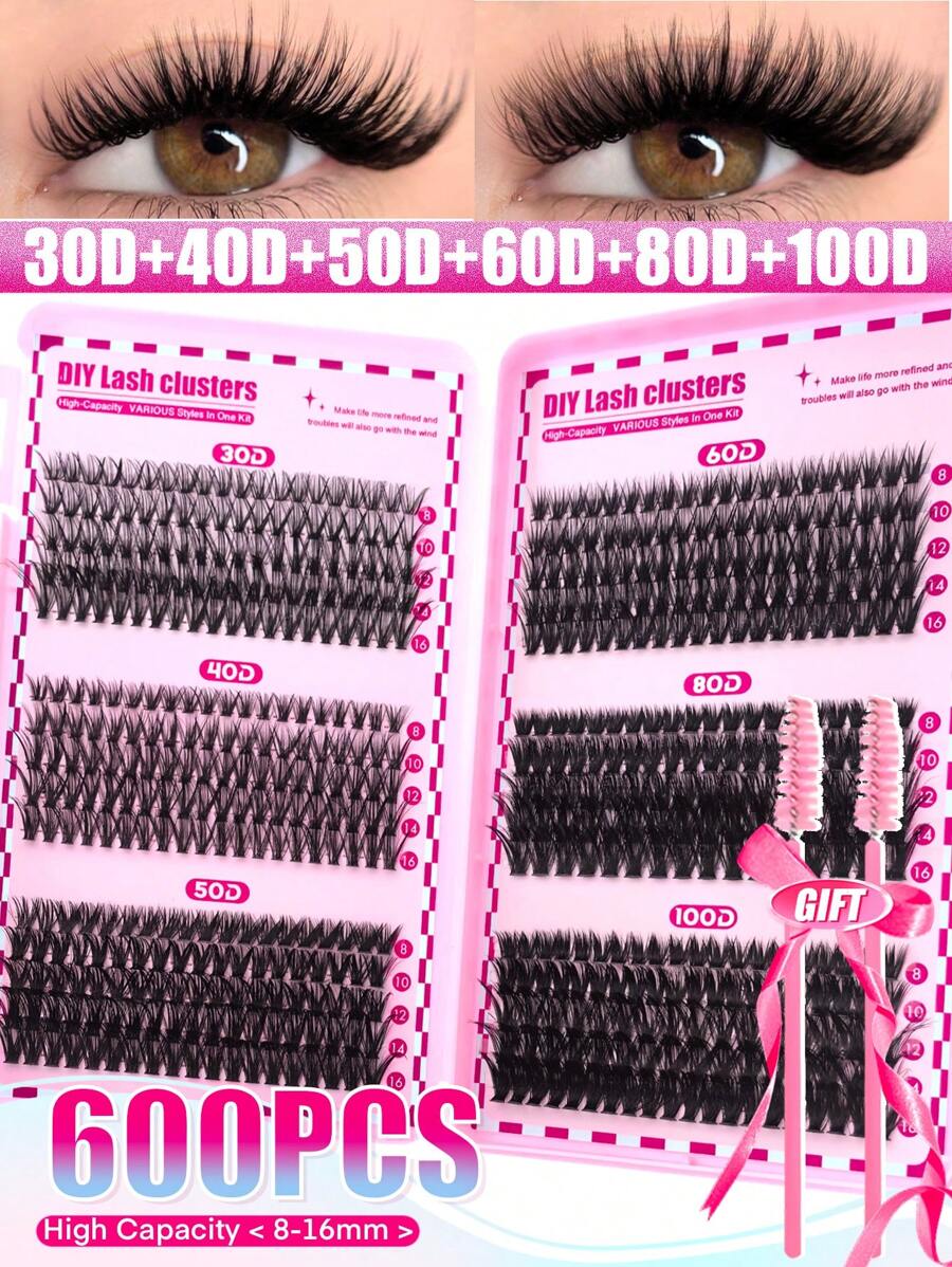 600片 D捲度單簇假睫毛 高濃密 30D-100D 8-16mm DIY接睫毛套組 自然長款 柔軟濃密 超輕量 可重複使用 附2支睫毛刷，適用居家日常、派對、婚禮、旅行、音樂祭