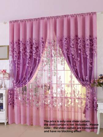 1 Pieza De Cortina De Encaje Con Capa Exterior De Flor Marchita De Clemátide Morada, Cortina Transparente Fina De Poliéster De Una Sola Capa De Estilo Campestre, Adecuada Para Decoración De Sala De Estar Y Dormitorio