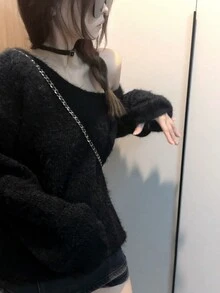 New Simple Solid Color Off-Shoulder Long Sleeve Pullover Sweater For Women, Slouchy Knit Top, Autumn/Winter Black Spring - Black - View 3
