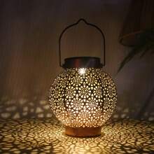 1pc Solar Powered Round Path Lamp, Metal Hollow Hanging Light, Suitable For Outdoor Patio Garden Camping Landscape Lighting Decoration, Automatic On/Off For Convenient Use Fall Decor House Decor Outdoor Decor