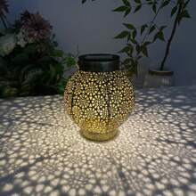 1pc Solar Powered Round Path Lamp, Metal Hollow Hanging Light, Suitable For Outdoor Patio Garden Camping Landscape Lighting Decoration, Automatic On/Off For Convenient Use Fall Decor House Decor Outdoor Decor