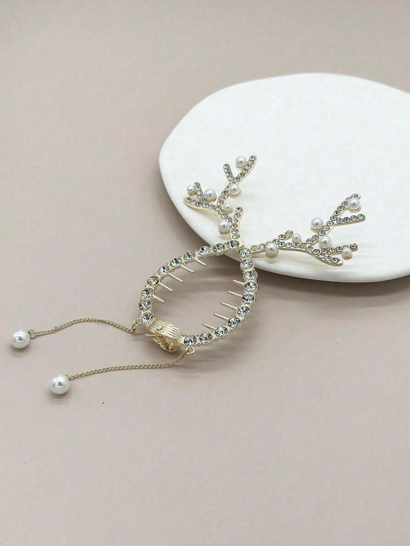 1pc Deer Antler Hair Claw Clip With Rhinestones, Alloy Large Round