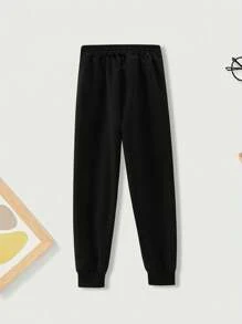 2 PIEZAS Conjunto de chándal informal con estampado de corazones de dibujos animados para niña preadolescente, sudadera oversize y pantalón de chándal holgado con bolsillos, moda de otoño - Negro - Ver 6