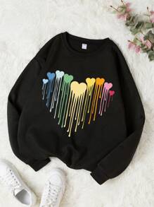 2 PIEZAS Conjunto de chándal informal con estampado de corazones de dibujos animados para niña preadolescente, sudadera oversize y pantalón de chándal holgado con bolsillos, moda de otoño - Negro - Ver 3