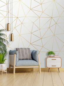 Rolo 3 metros Papel de Parede Auto Adesivo Geométrico Branco e Dourado Lavável Quarto Sala Cozinha Banheiro - Modelo 01 - Visão 3