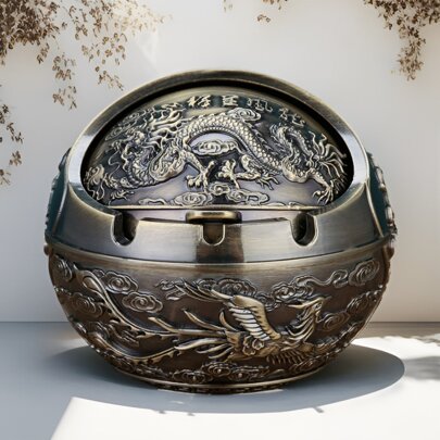 1pc Vintage Covered Round Metal Ashtray - Smooth Sailing, Auspicious Blessings Anti-Ash Tabletop Ashtray Decoration, Suitable For Home And Office, Christmas & New Year Gift