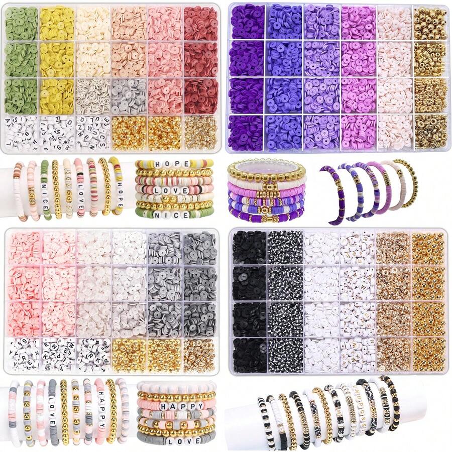 1 盒 6 毫米随机颜色软粘土薄片（包括 CBB 隔珠和字母珠）用于 DIY 手链和项链制作套件，独特的手链和项链制作字母珠配件套件用于珠宝制作 - 彩色 - 查看 1