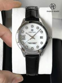 Pablo Raez 1pc Silver Lady Watch Women Luxury Crystal Dress Watch SUS304 Stainless Steel IPS Case Elegant Brand New Design Quartz Watch For Lady Fahionable White Face With Date Calendar Luminous Diamond Display High Quality Woman Popular Wristwatch 50M Waterproof Soft & Breathable Black Color Microfiber Leather Casual Teenagers Girls Lovely Watch Nice Gifts For Friend Or Family Fit For Daily Life/Work/Party Decorations