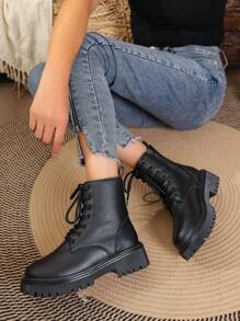 1 Pair Women's Lace-Up Front Zipper Side Mid-Calf Snow Boots, Black, Versatile, Platform 3cm Thick Sole, Waterproof