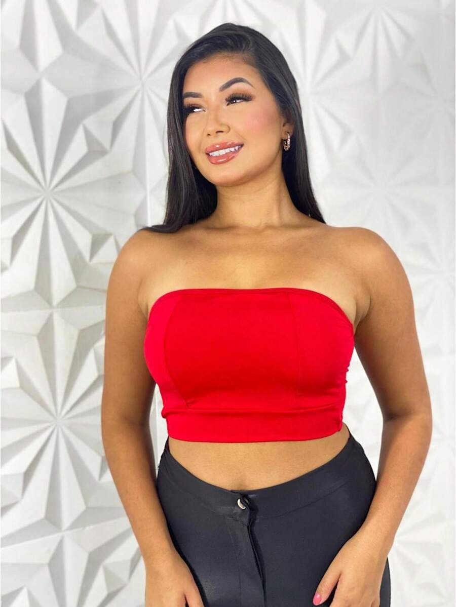 Strapless Suplex Bandeau Top, Ideal For Basic Casual Summer - 紅色 - 查看 1