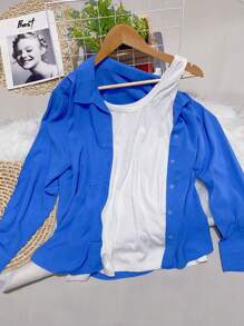 Women's Solid Button Down Shirt - 新藍 - 查看 1