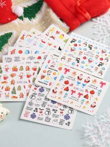12片可爱圣诞美甲贴纸，圣诞老人、麋鹿、企鹅、熊、姜饼人、猫咪卡通动物设计雪花图案，水贴纸装饰贴片 - 彩色 - 查看 9