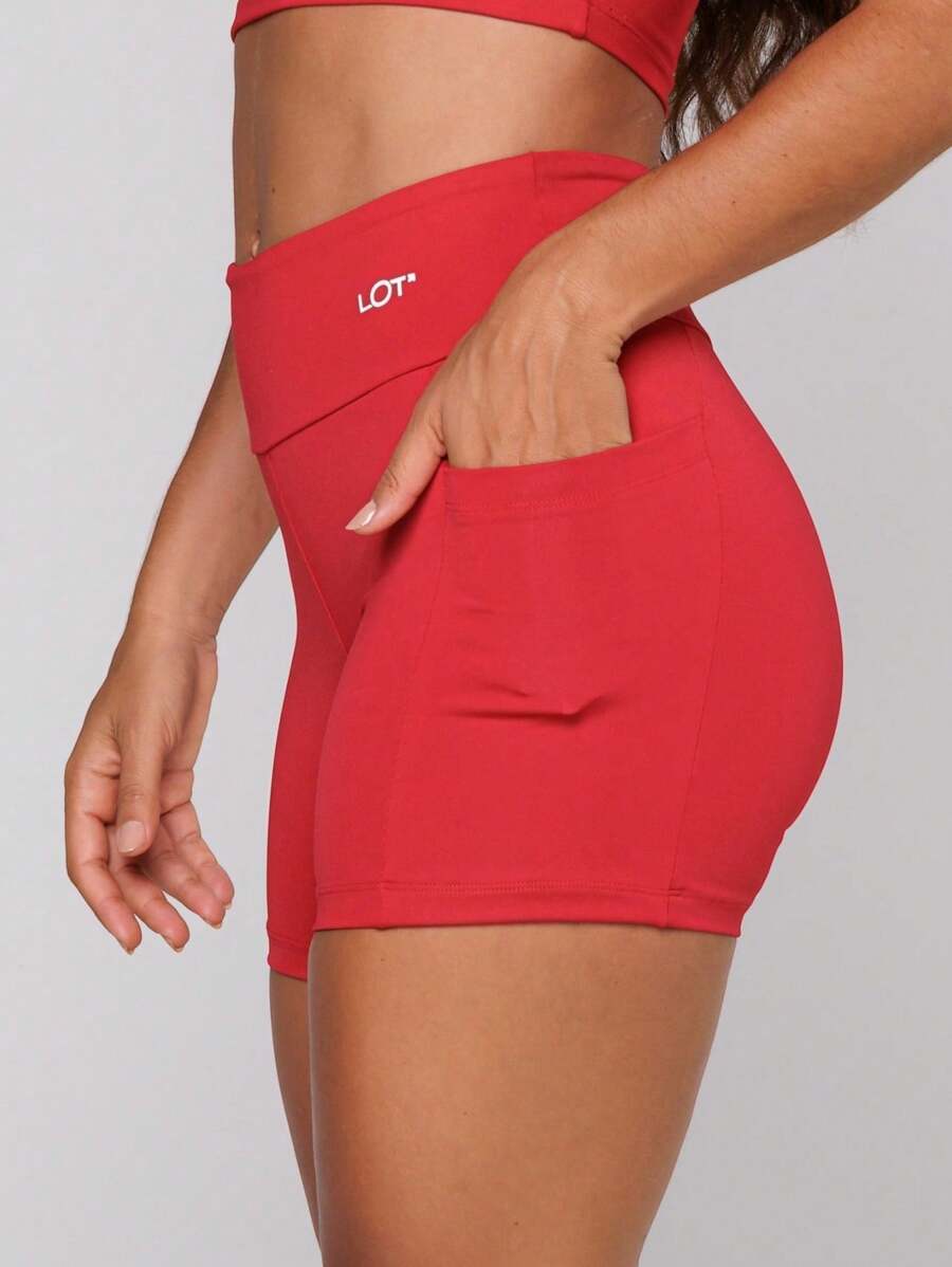 LOT FITNESS Women's Sports Shorts Gym Fitness Polyamide Basic Black With Pocket - 紅色 - 查看 1