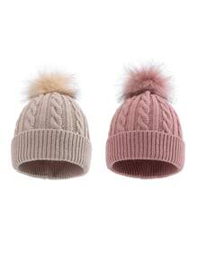 2 件装纯色儿童扭纹针织帽，带 PU 皮革标志，男女通用儿童针织帽，带绒球，秋冬 - 3-8Y - 查看 18