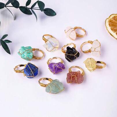 1 pieza Anillo de cristales de piedras naturales crudas, cuarzo, minerales, joyería de cuarzo para mujeres, anillo de moda, joyería de fluorita de sanación Reiki, 4 de julio para mujeres