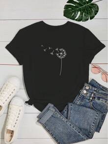 Women's T-Shirt With Dandelion Flower Print - 黑色 - 查看 2