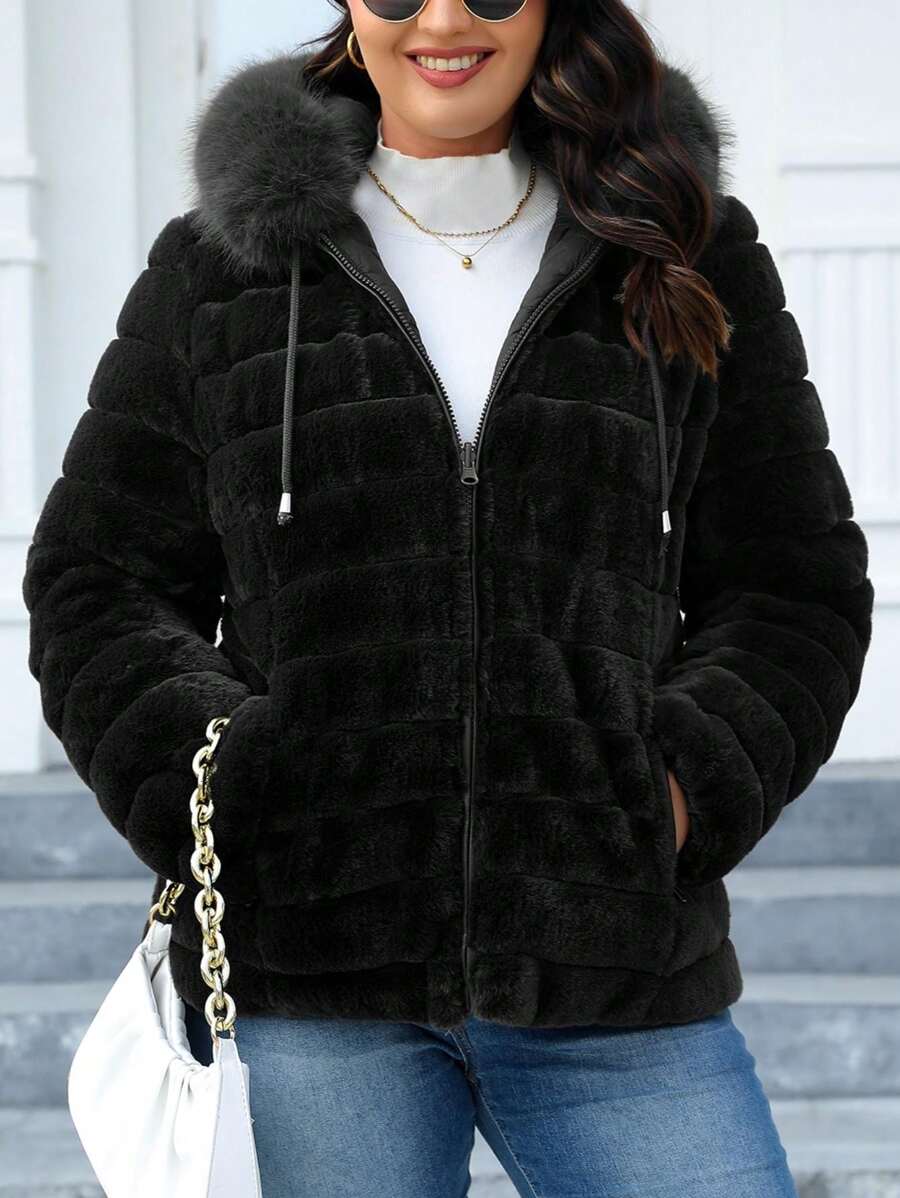 Risissida Women Plus Size Hooded Jacket With Faux Fur Collar, Casual Reversible Quilted Coat, Suitable For Autumn Black