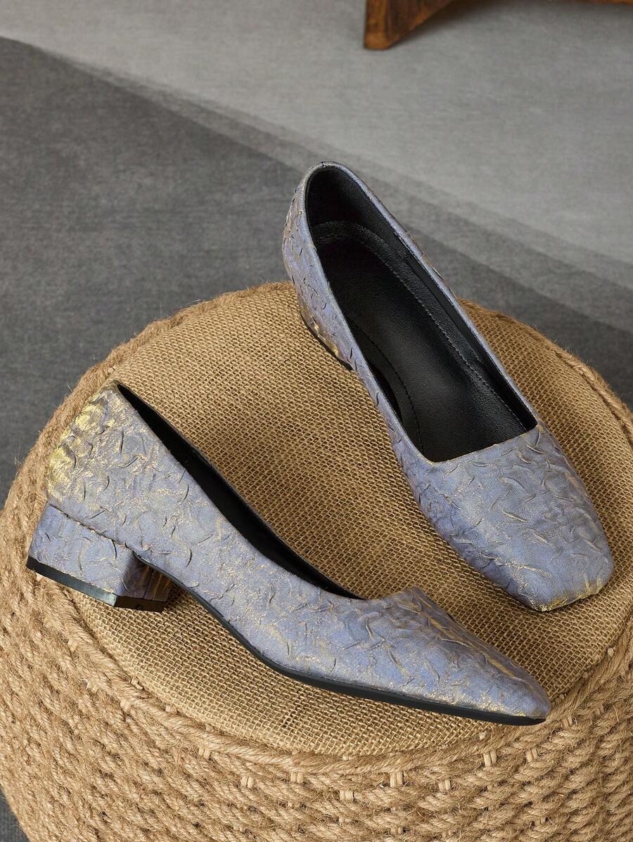 女士时尚方头低帮 3 厘米高跟鞋，户外，晚宴，复古浅蓝色，百搭优雅休闲乐福鞋 - 淺藍色 - 查看 1