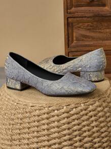 女士时尚方头低帮 3 厘米高跟鞋，户外，晚宴，复古浅蓝色，百搭优雅休闲乐福鞋 - 淺藍色 - 查看 2