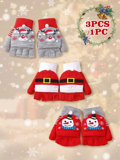 3PCS/1PC 儿童针织翻盖手套雪人圣诞老人腰带圣诞麋鹿图案可爱男婴女婴宝宝保暖冬季手套，适合秋冬圣诞节使用，适合圣诞礼物
