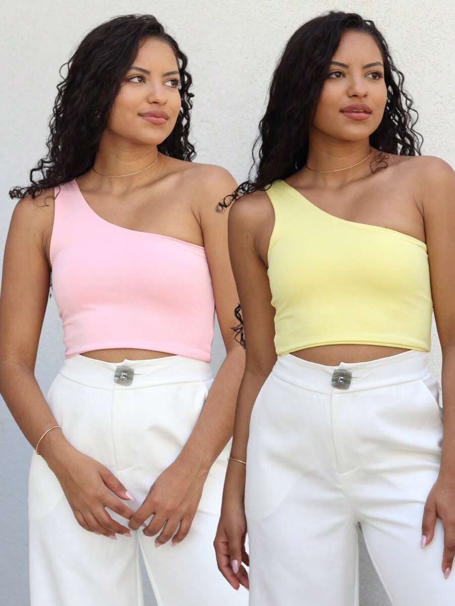 Kit 2 Women's Cropped Top Mula Manca One Strap Basic Suplex Lined Top - Màu Mù tạt vàng - Xem 1