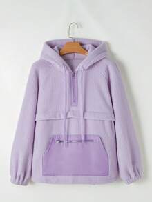 Acelitt Lavender Zipper Pocket Fleece Drawstring Hoodie - Purple - View 8
