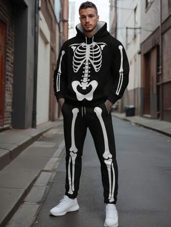 Heren Schedel Print Hoodie Sweatshirt en Broek Set Voor Heren Geschikt Voor Kerstmis En Andere Feestdagen Karakter Kostuums En Dagelijkse Straatkleding Hoogwaardige Sets
