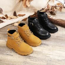 1 Pair Kids Hook And Loop Closure Round Toe Mid-Calf Platform Boots, Suitable For 4-15 Years Old, Fashionable And Comfortable For Outdoor, Casual, Festivals And All Seasons