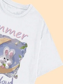 Summer Cloud Rabbit And Moon Printed T-Shirt Women's Comfortable Streetwear Blouse - trắng - Xem 4