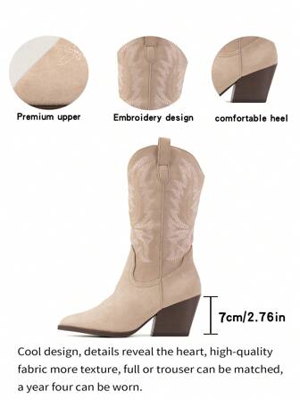 Höst/Vinter 2025 Nya sammetsstövlar med spetsig tå och grov klack i westernstil, halvhög vadstövlar, cowboystövlar