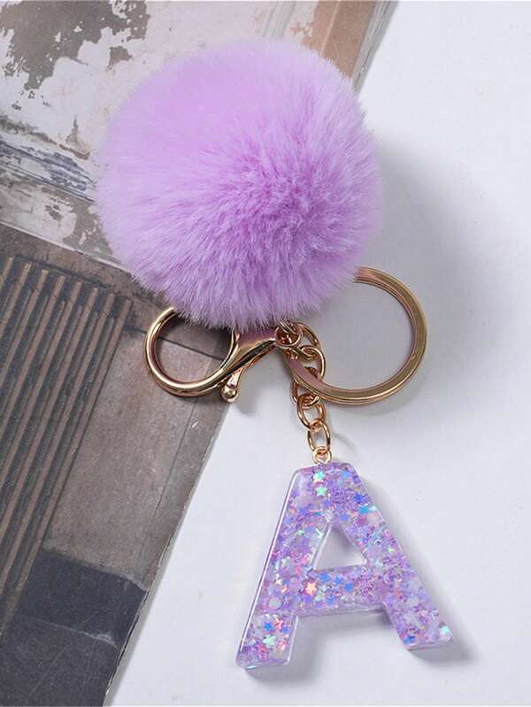 A-Z English Letter Hairball Keychain, Purple Resin Sequin Pendant Purse Charm Ornament Car Keyrings Car Accessories Bag Charm Backpack For School Cute Goth Y2k