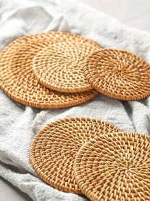 1/3pcs Round Rattan Insulation Pad Boho Bamboo Insulation Pad For Dinner Table, Desk - Khaki - View 5