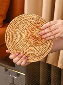 1/3pcs Round Rattan Insulation Pad Boho Bamboo Insulation Pad For Dinner Table, Desk - Khaki - View 3