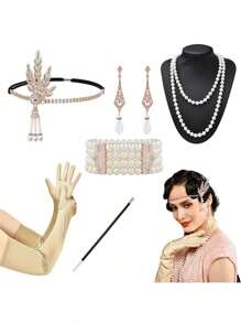 8 件 1920 年代 Flyby Gatsby 配饰套装，时尚咆哮的 1920 年代头饰，珍珠项链，手镯，耳环，手套，女士配饰万圣节装饰舞会