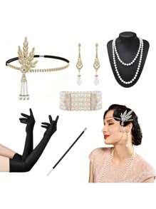 8 件 1920 年代 Flyby Gatsby 配饰套装，时尚咆哮的 1920 年代头饰，珍珠项链，手镯，耳环，手套，女士配饰万圣节装饰舞会