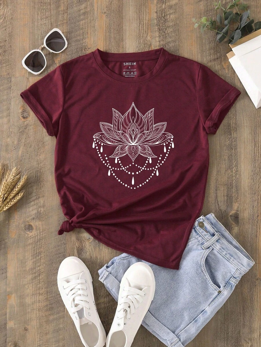 Women's White Floral Printed T-Shirt - 紫紅色 - 查看 1