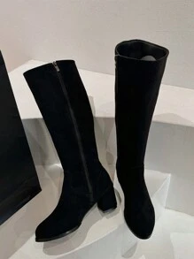 Thick Heel Side Zipper Suede Above-Knee Boots, Round Toe Comfortable All-Match Fashion Long Shaft Boots, Retro Minimalist High Heel Shoes For Women, Autumn/Winter - Black - View 2