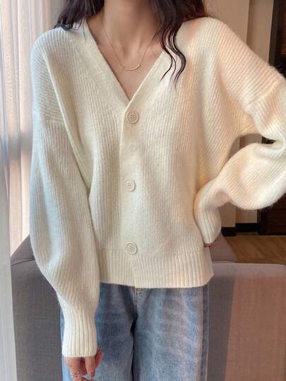 1pc Women's Cardigan Sweater, French V-Neck, Candy Color, Long Sleeve, Loose Knit Sweater Coat, Spring/Autumn