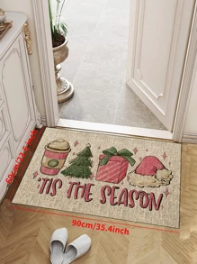 1pc 'Beige Base Pink Coffee Cup Christmas Tree Gift Box And Pink Hat Christmas' Doormat, Indoor Mat, Throw Rug, Creative Door Mat, Entryway Themed Mat, Home Decor, Non-Slip Floor Rug Mat, Bedroom Accessories, Photo Props, Outdoor Decor, Throw Rug, Area Rug, Gift
