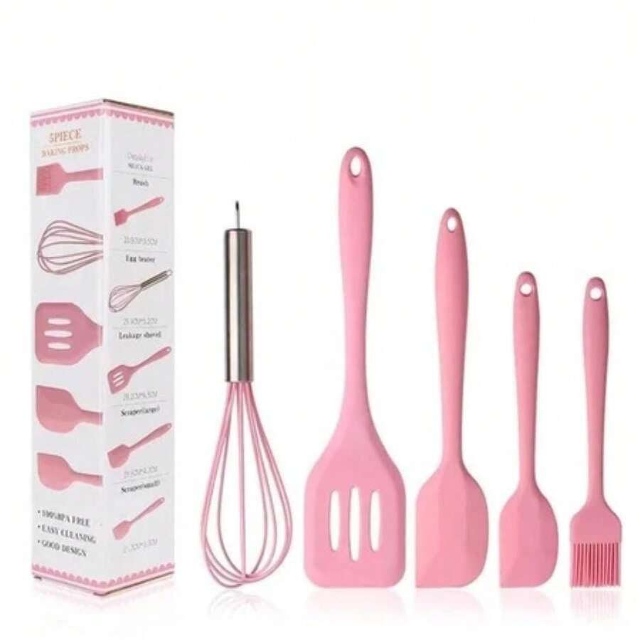 5 Pieces Kitchen Utensils Set Silicone Cooking Utensil Set Serving Spoon Ladle Whisk Spatula - 粉色 - 查看 1