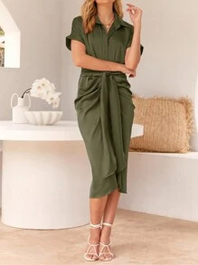 Women's Satin SIlky Button Down Ruched Shirt Dresses Short Sleeve Lapel V-Neck Belted Dress Elegant Spring Summer Wedding Evening Valentine Long Midi Dress - 軍綠色 - 查看 3