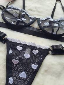 Lingerie Set With Underwire Bra And Panties GRINGA INTIMATE FASHION TULLE EMBROIDERED HEART - 黑與白 - 查看 2