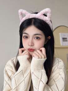 4件套女士黑色、白色、粉色、棕色猫耳毛绒发箍，时尚百搭，优雅简约，纯色发带，日常、休闲、派对、通勤、旅行、发型、化妆、服装搭配等场合的发饰，发箍，发圈头饰