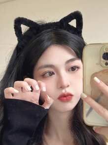 4件套女士黑色、白色、粉色、棕色猫耳毛绒发箍，时尚百搭，优雅简约，纯色发带，日常、休闲、派对、通勤、旅行、发型、化妆、服装搭配等场合的发饰，发箍，发圈头饰