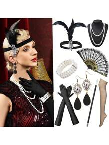 8 件 1920 年代 Flyby Gatsby 配饰套装，时尚咆哮的 1920 年代头饰，珍珠项链，手镯，耳环，手套，女士配饰万圣节装饰舞会