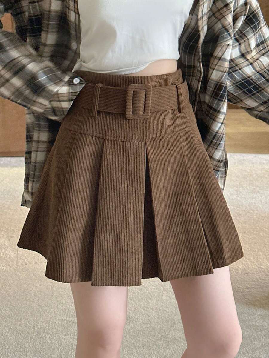 新款秋季女式高腰百褶迷你裙 - 咖啡棕 - 查看 1