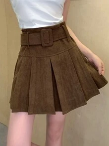 新款秋季女式高腰百褶迷你裙 - 咖啡棕 - 查看 2