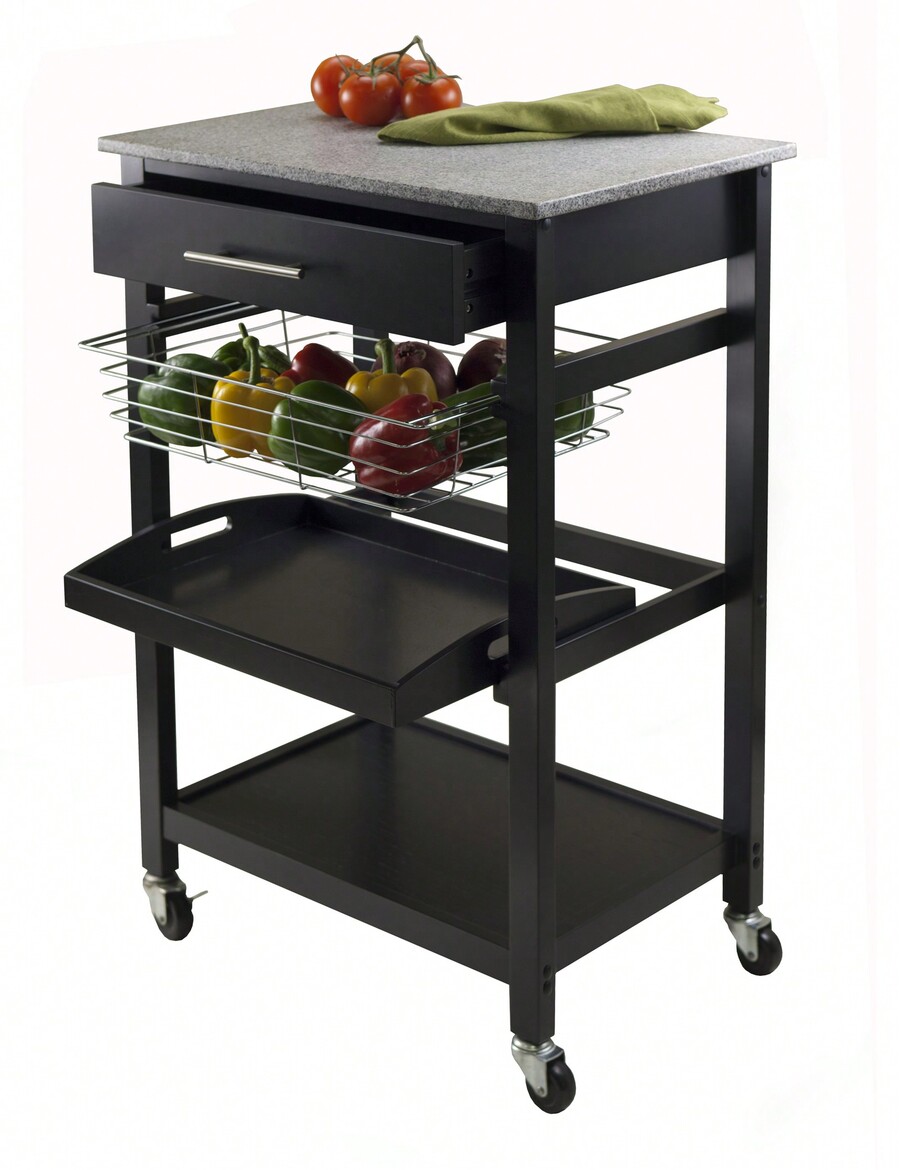 Modern Kitchen Cart With Charcoal Faux Granite Top, Cutlery Drawer, And
