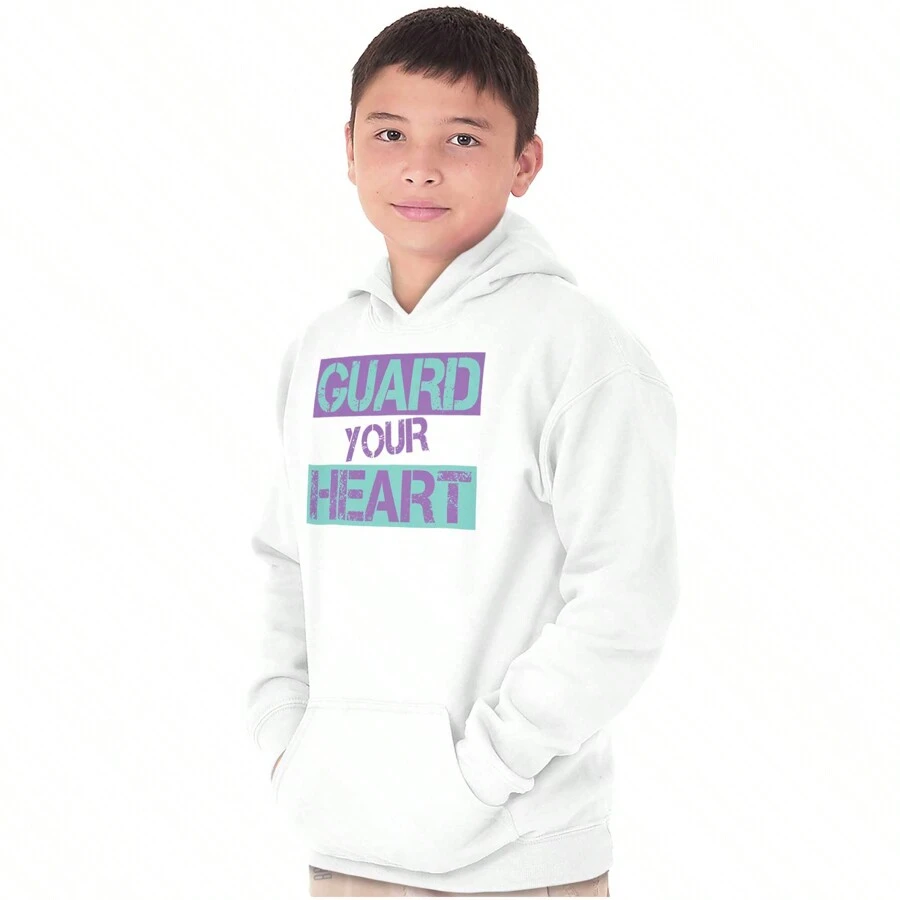 Love Youth Graphic Fleece Lined Pullover Hoodie Distressed Anti Valentine's Day Love Warning Stamp Guard You Heart Tween Casual Everyday Cotton Printed Thermal Lined Drawstring Hooded Sweatshirt Kangaroo Pocket Kids Clothes Brisco Brands - White - View 1